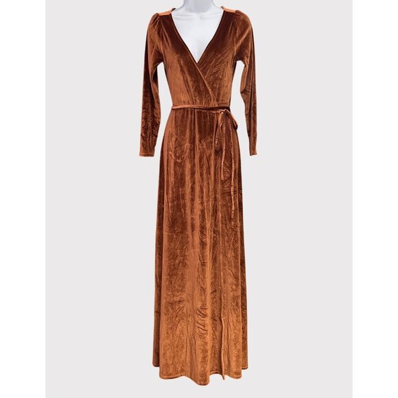 Baltic Born Velvet Wrap Maxi Dress Rust Burnt Orange Long Sleeve NWT XS Formal - Picture 1 of 6
